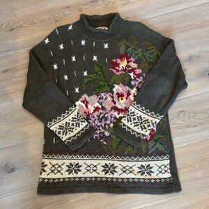 Green Vintage Floral Knit Sweater